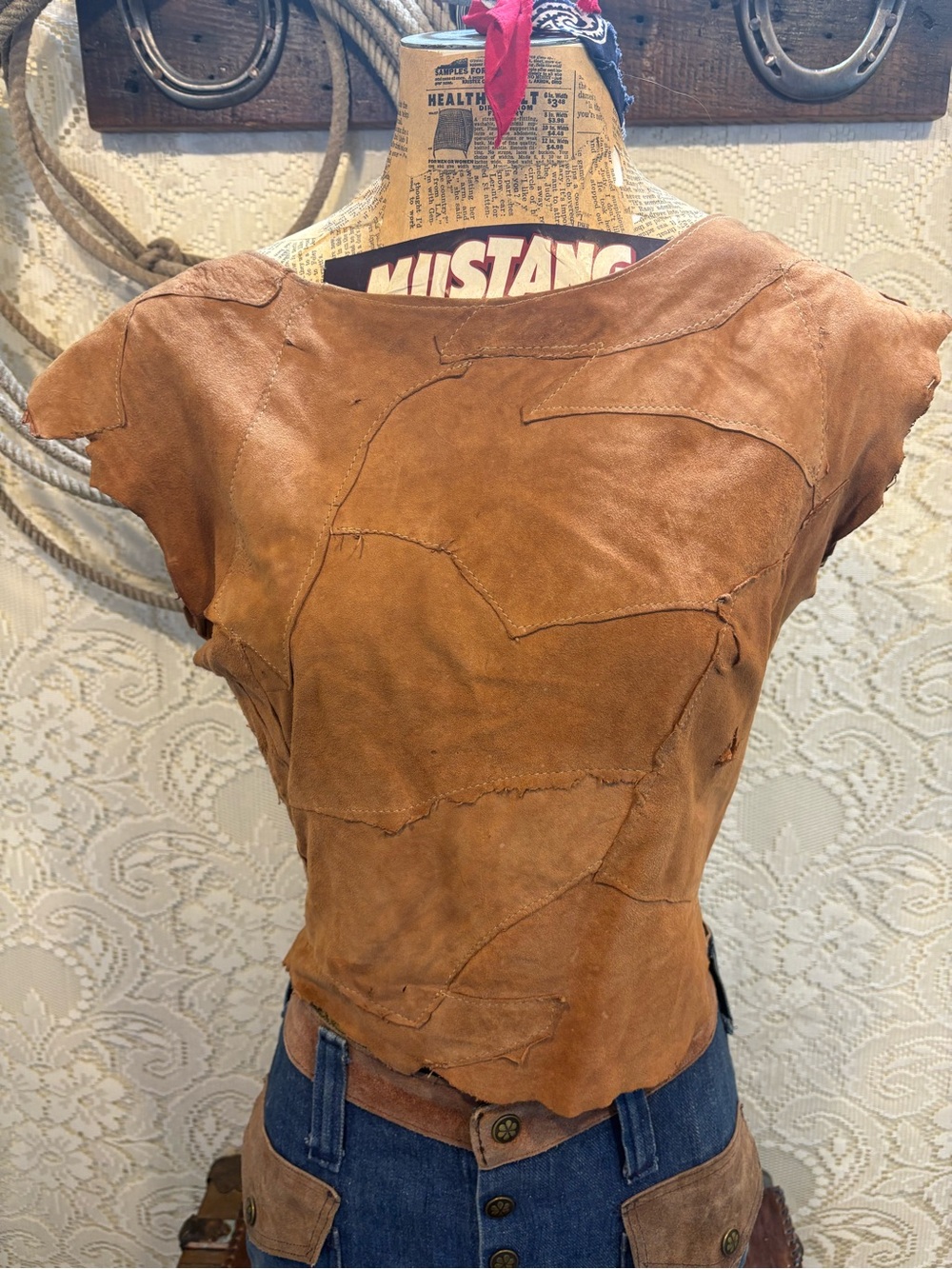 Vintage Brown Suede Patchwork Crop Top